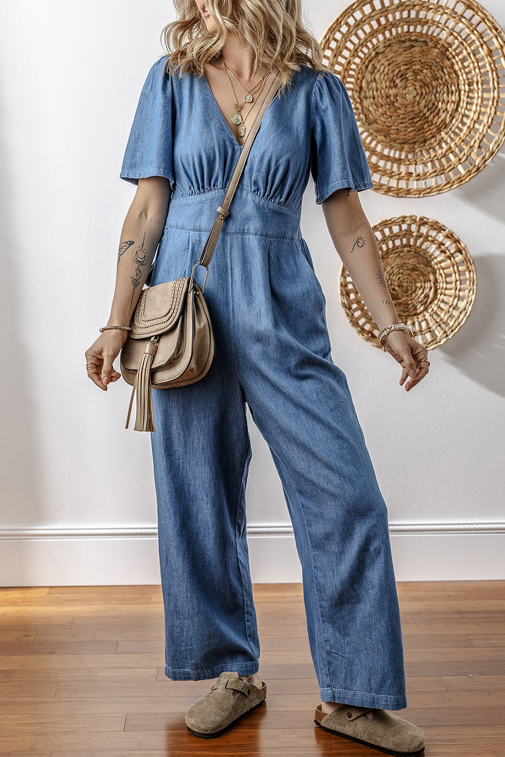 V Neck Short Sleeve Smocked Back Denim Loose Jumpsuit | Ashleigh Blue