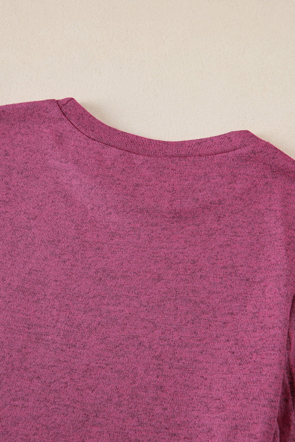 Ribbed Splicing Sleeve Round Neck T-Shirt | Bright Pink