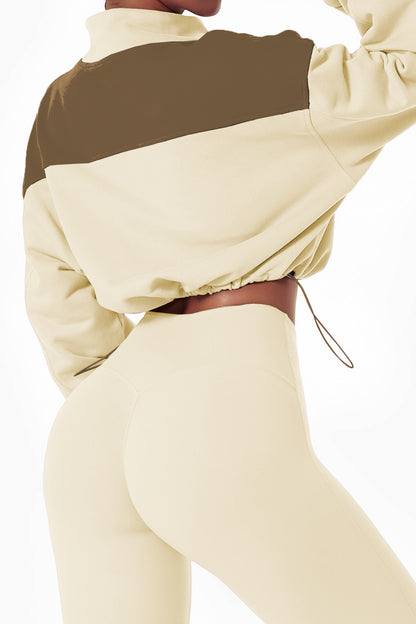 Colour Block Drawstring Cropped Athleisure Jacket | Beige