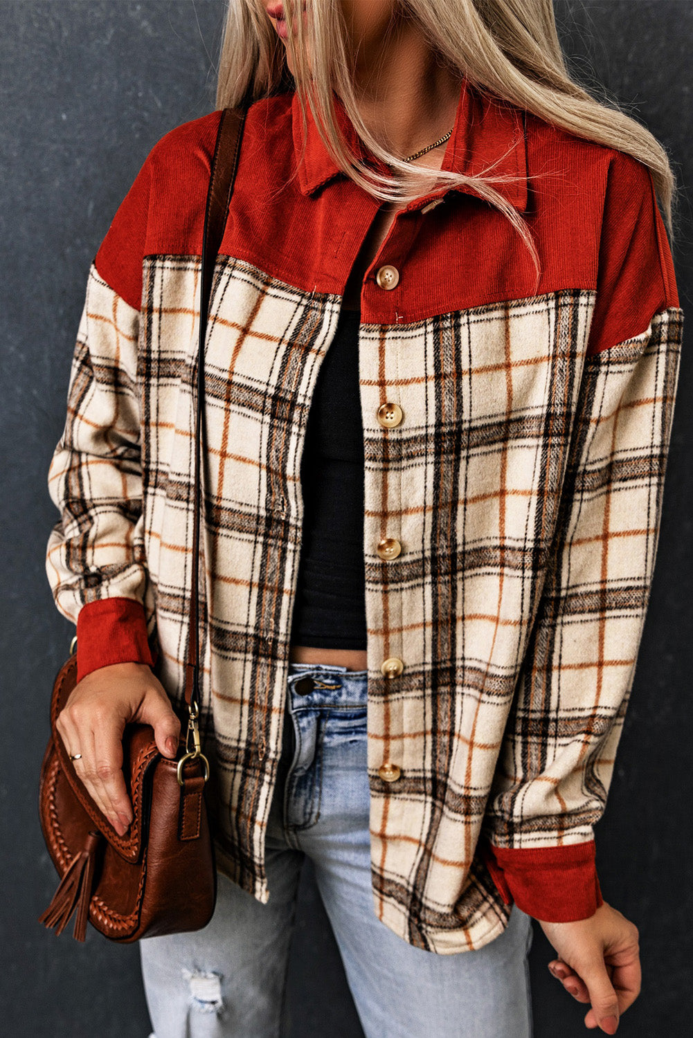 Orange Contrast Corduroy Plaid Shacket