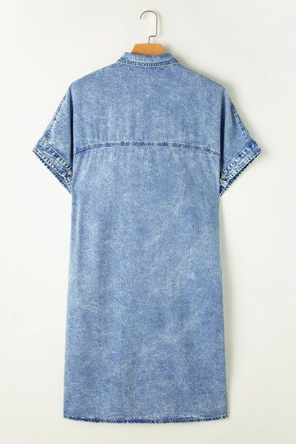 Loose Medium Wash Short Sleeve Shirt Chambray Dress | Light Blue