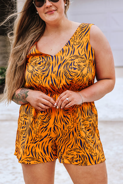 Plus Size Tiger Print Sleeveless V Neck Romper | Yellow