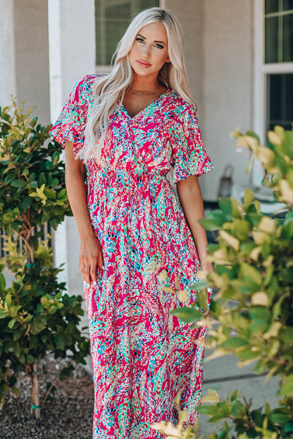 Wrap V Neck Floral Maxi Dress | Red