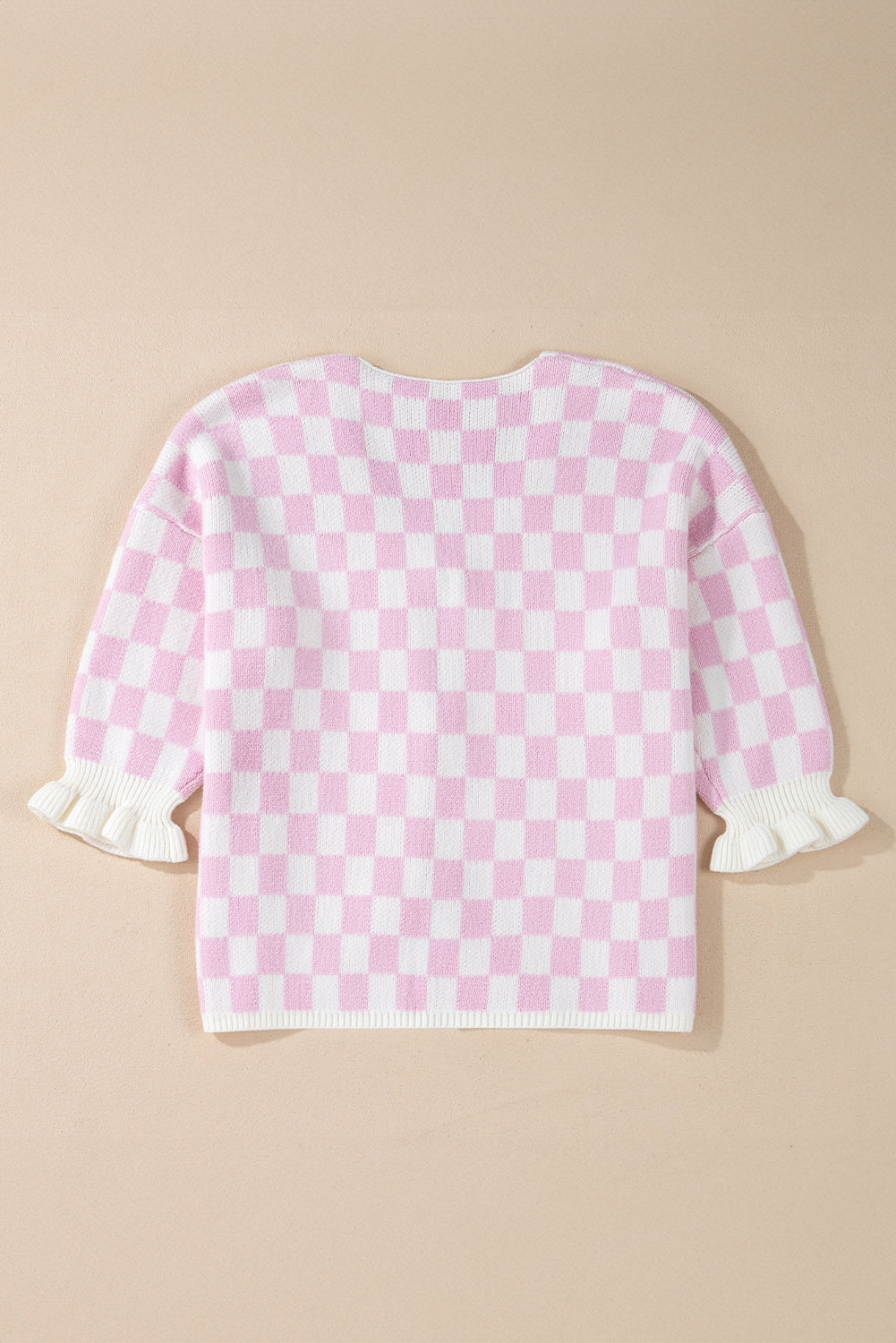 Checkered Knitted Lace-Up Ruffled 3/4 Sleeve Cardigan | Light Pink