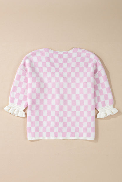 Checkered Knitted Lace-Up Ruffled 3/4 Sleeve Cardigan | Light Pink