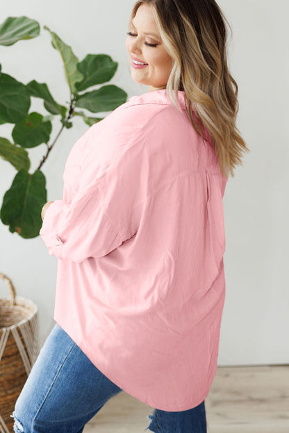 Flap Pocket Tab Sleeve Button-Down Plus Size Shirt | Pink