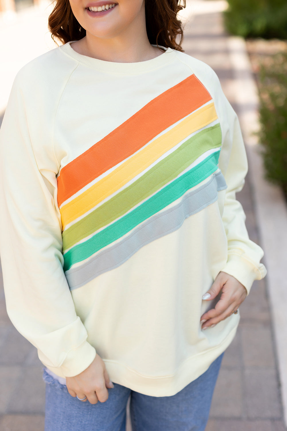 White Rainbow Raglan Sleeve Crew Neck Plus Size Sweatshirt | white