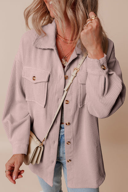 Corduroy Flap Pocket Button Up Shacket | Light Pink