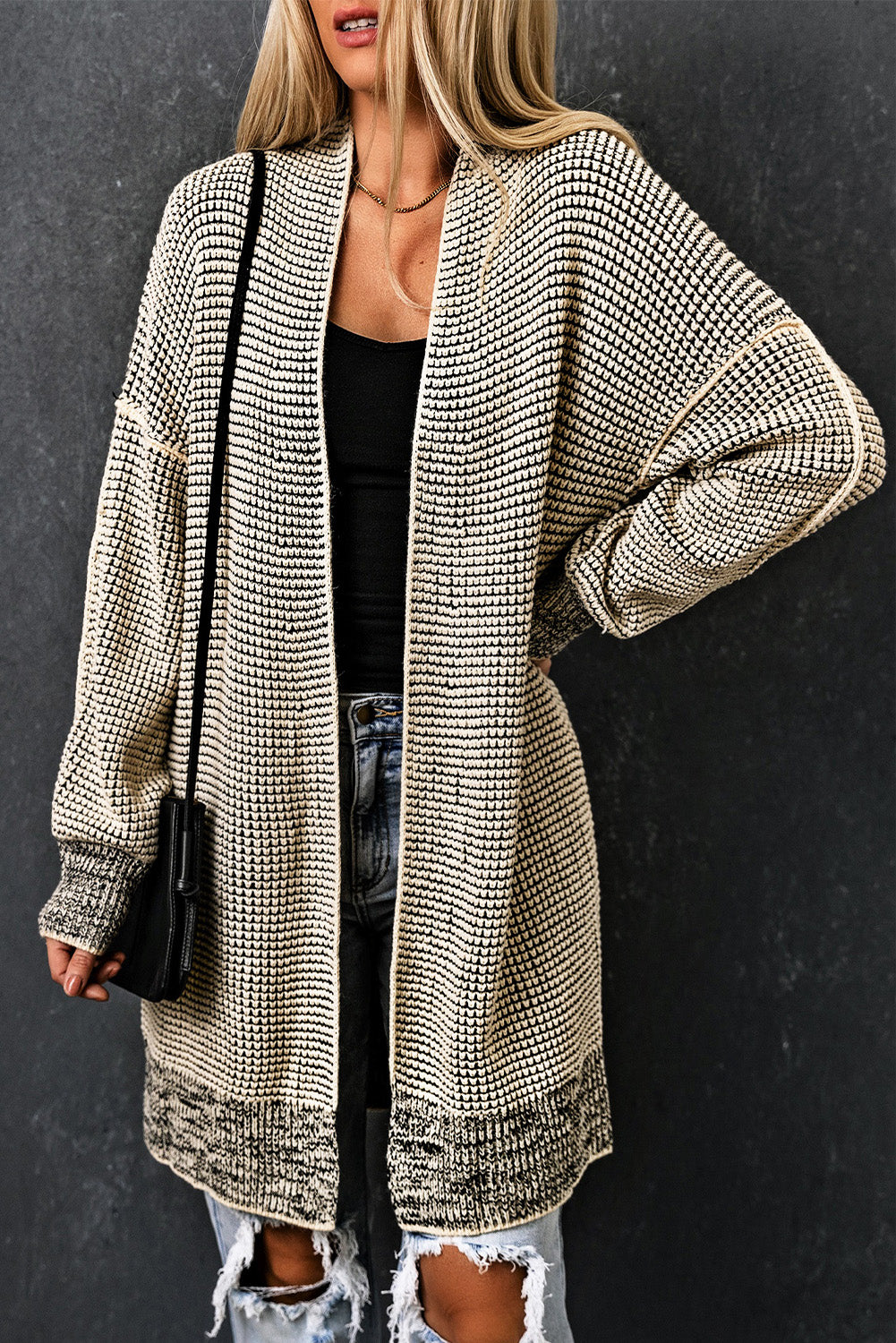 Plaid Knitted Long Open Front Cardigan | Apricot