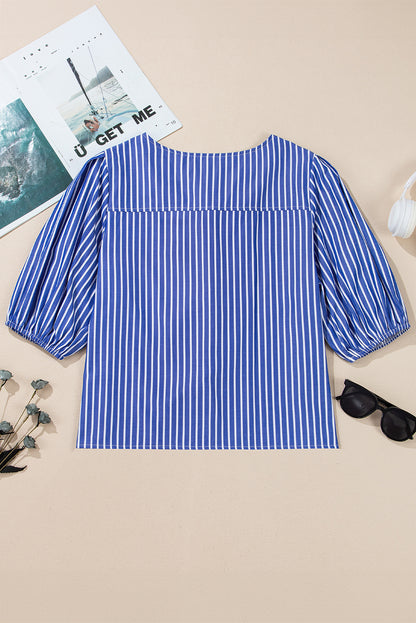 Tied Front Puff Short Sleeve Blouse | Blue Stripe