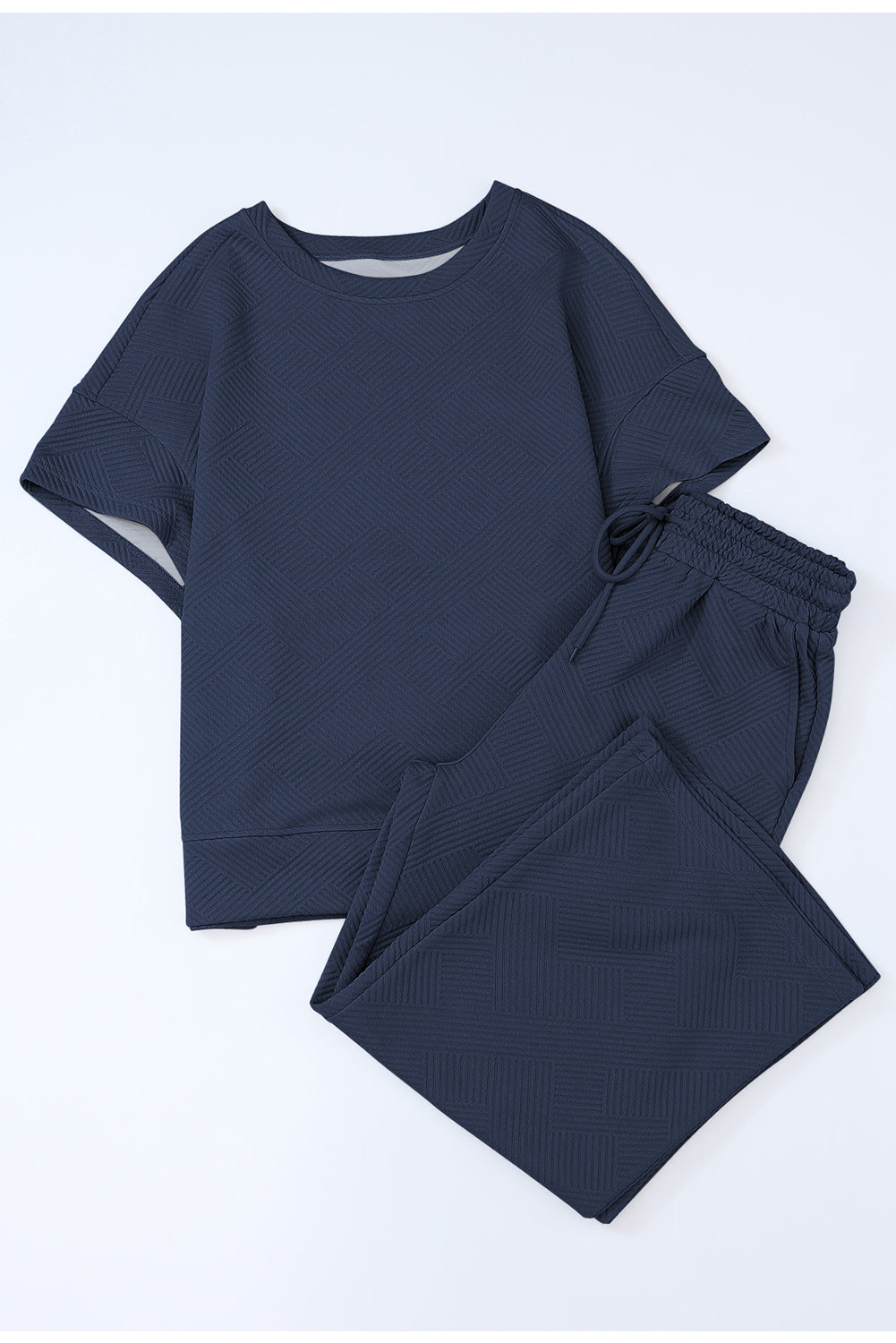 Textured Loose Fit T Shirt And Drawstring Pants Set | Navy Blue