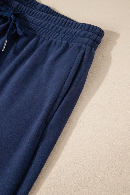 Solid Colour Fleece Lined Drawstring Waist Joggers | Navy Blue