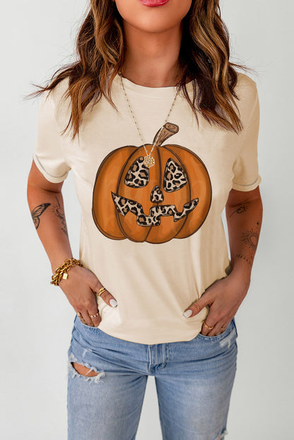 Halloween Leopard Pumpkin Print T Shirt | Khaki