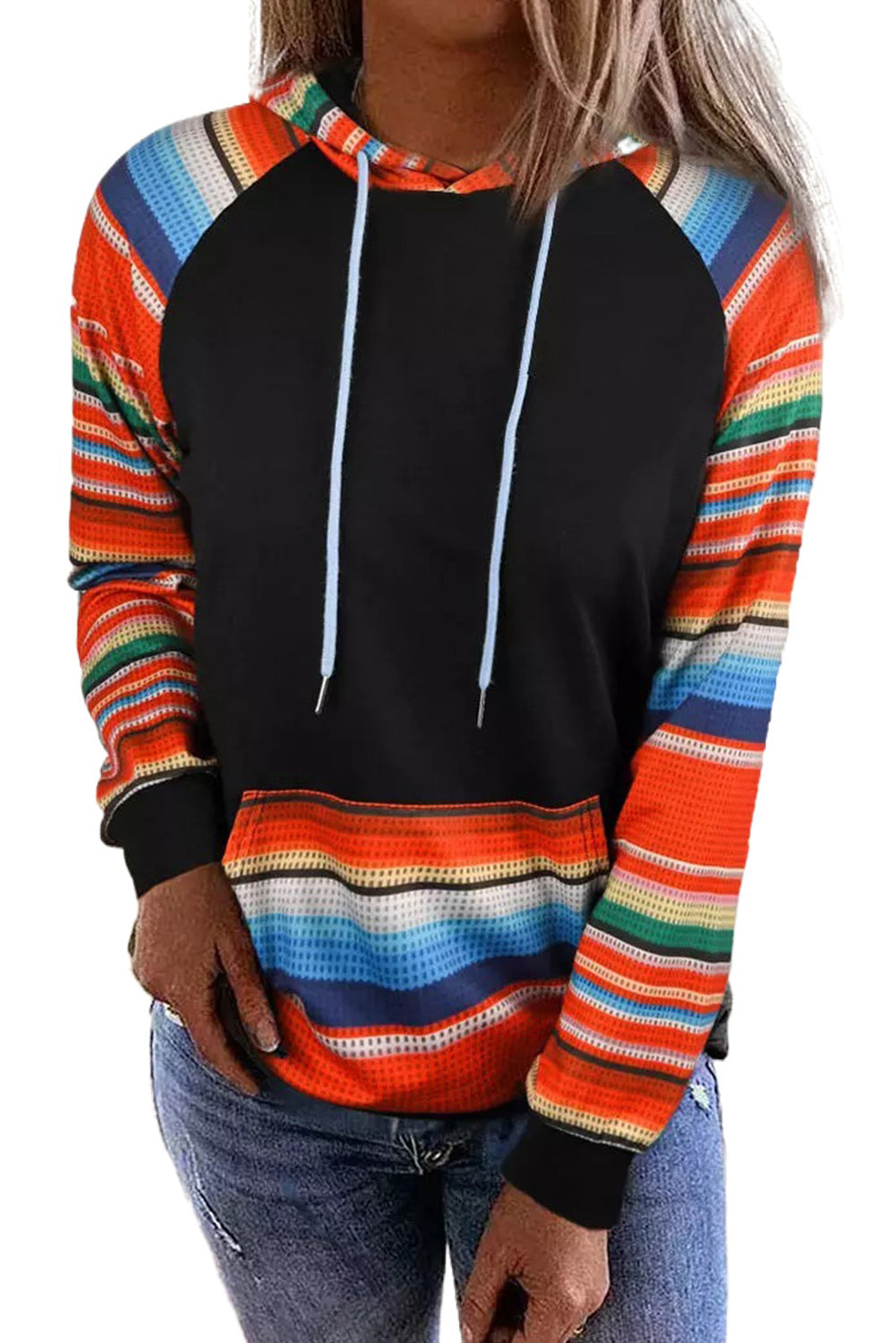 Colourful Striped Patchwork Kangaroo Pocket Hoodie | Multicolour