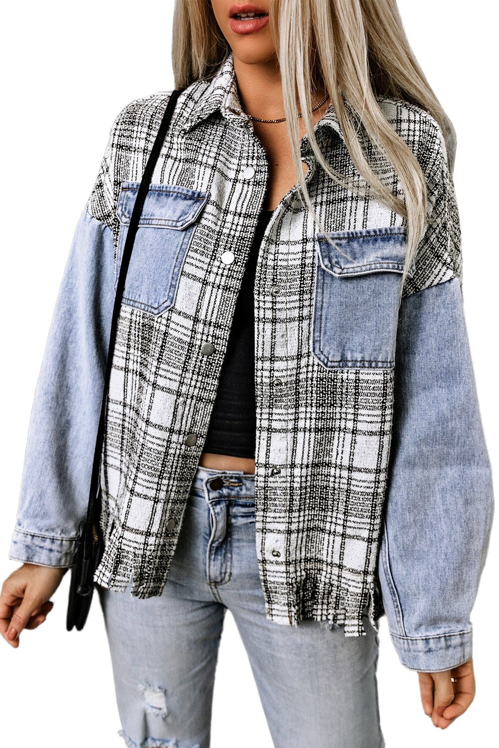 Plaid Patchwork Fringed Flap Pockets Denim Jacket | Sky Blue