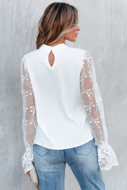 Contrast Lace Sleeve Mock Neck Textured Blouse | White