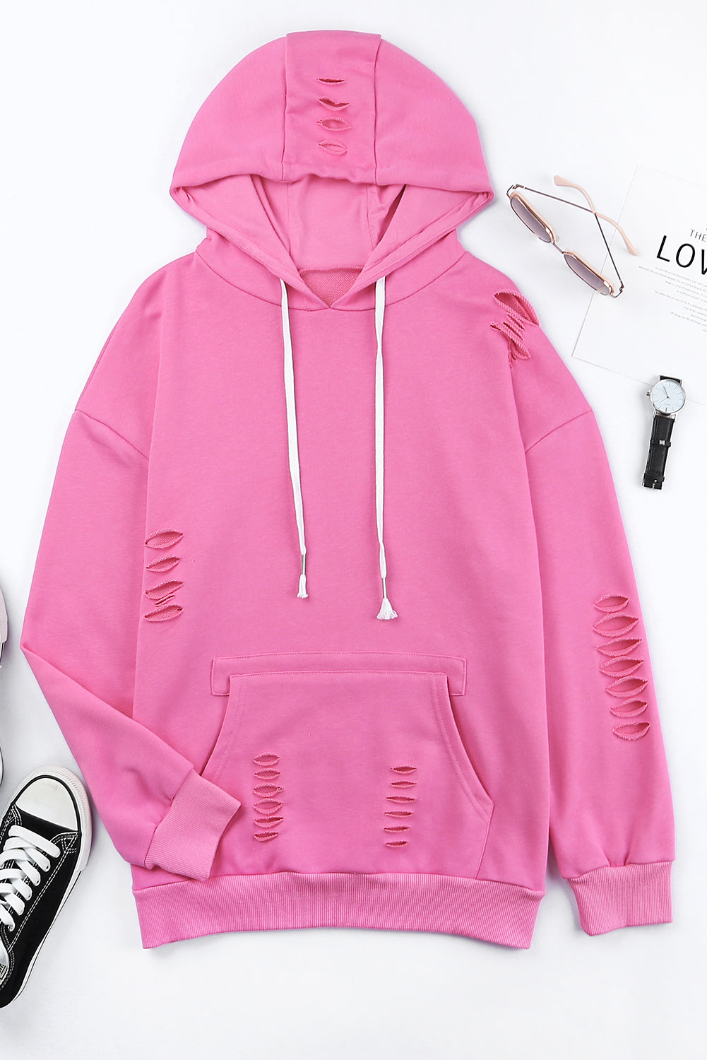 Solid Ripped Hooded Sweatshirt With Kangaroo Pocket | Pink