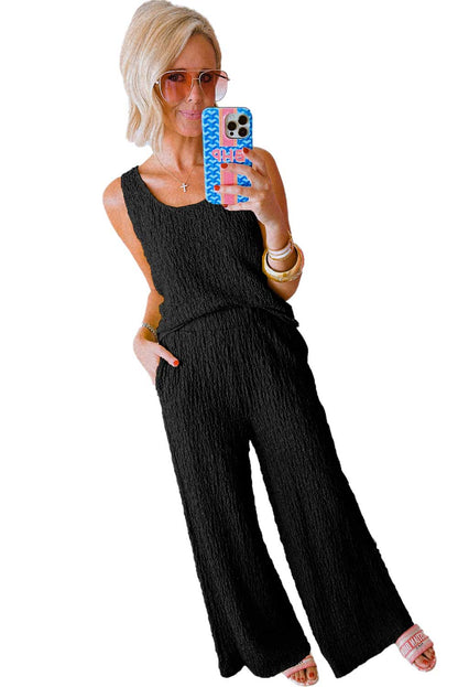 Crinkled U Neck Tank Top And Wide Leg Pants Set | Black