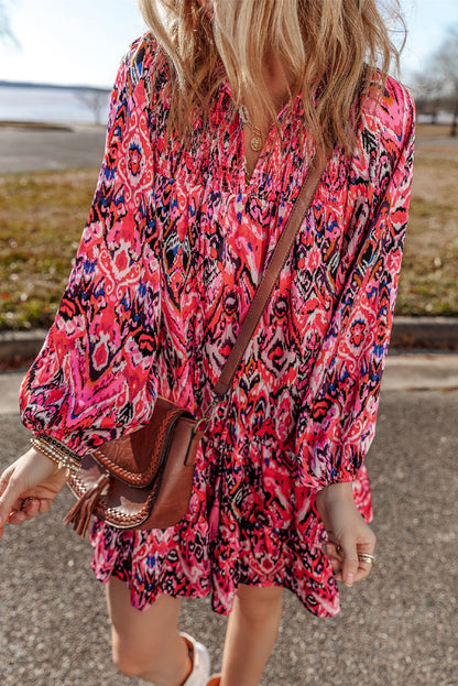 Abstract Printed Tassel Tied Neck Long Sleeve Ruffled Mini Dress | Rose