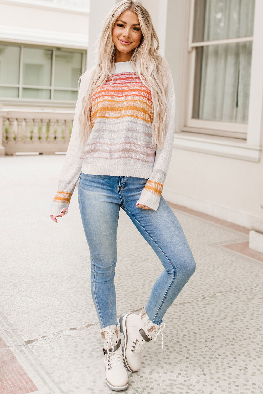 Stripe Long Sleeve Round Neck Sweater | Multicolour