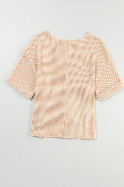 Textured Knit Split Neck Cuffed Short Sleeve Top | Parchment