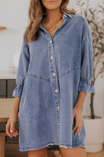 Buttoned Long Sleeve Denim Mini Dress | Sky Blue