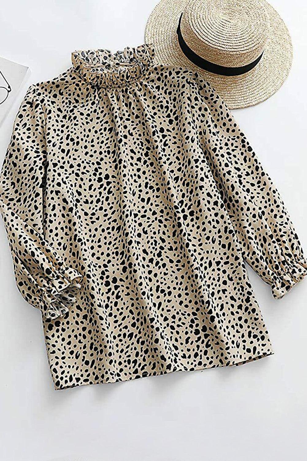 Frilled Neck 3/4 Sleeves Cheetah Blouse | Khaki