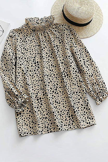 Frilled Neck 3/4 Sleeves Cheetah Blouse | Khaki