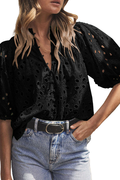 Flower Embroidered Hollow-Out Puff Sleeve Blouse | Black