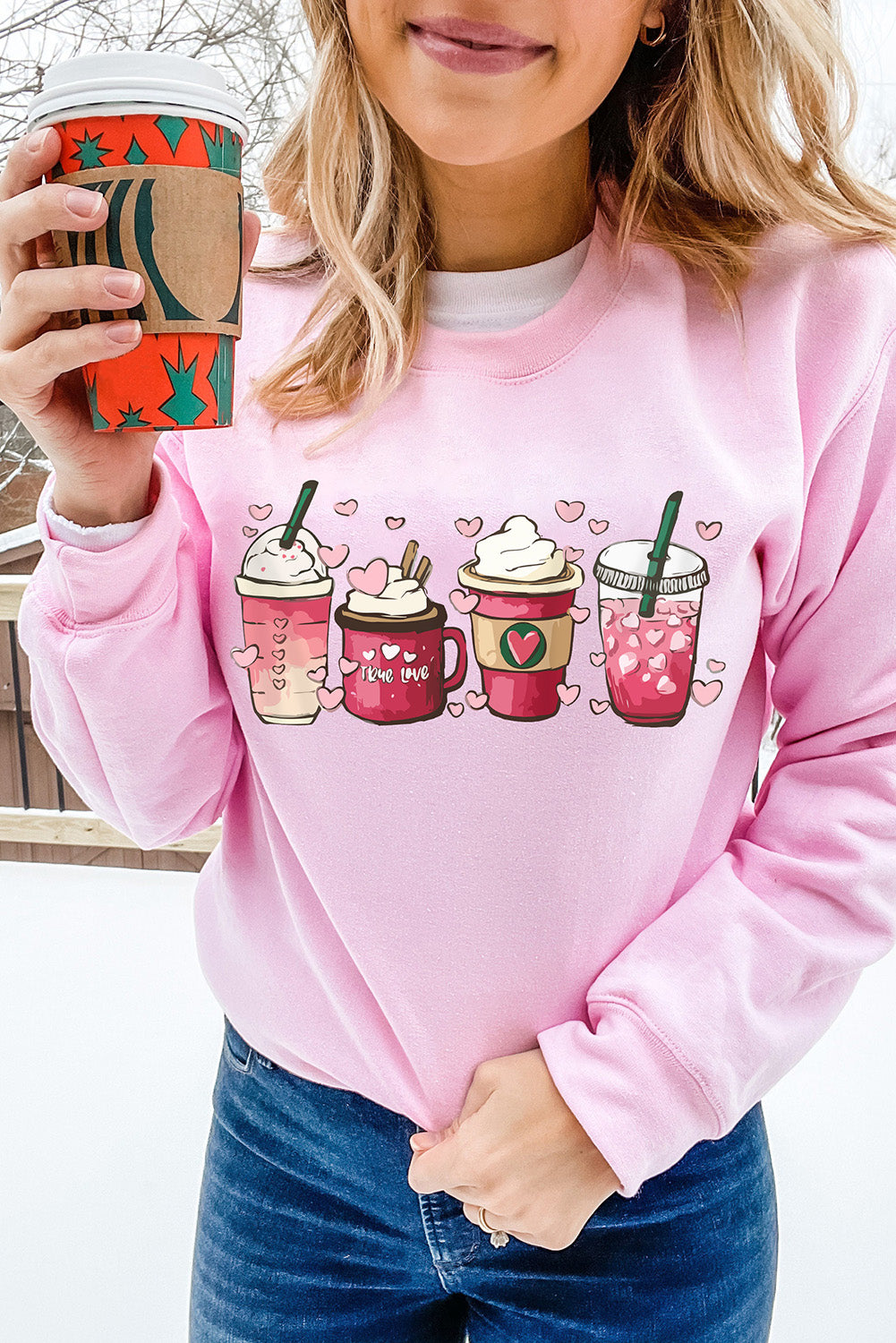 Valentines Sweet Drinking Graphic Print Sweatshirt | Pink