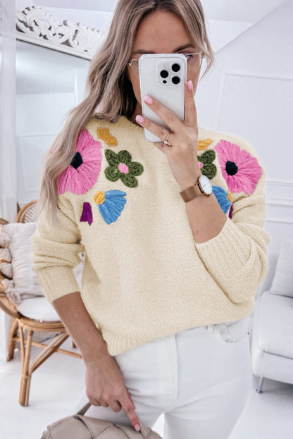 Knitted Flower Pattern Ribbed Edge Sweater | Beige