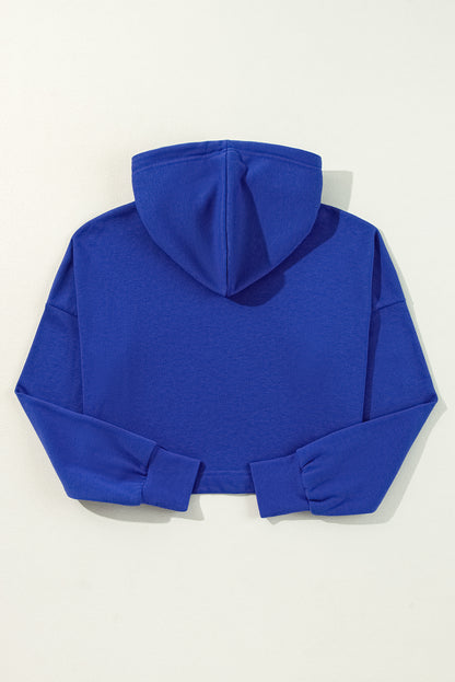 Solid Drop Shoulder Drawstring Cropped Hoodie | Dark Blue