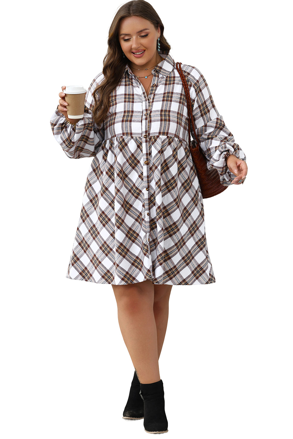 Plaid Bubble Sleeve Flowy Shirt Dress | White