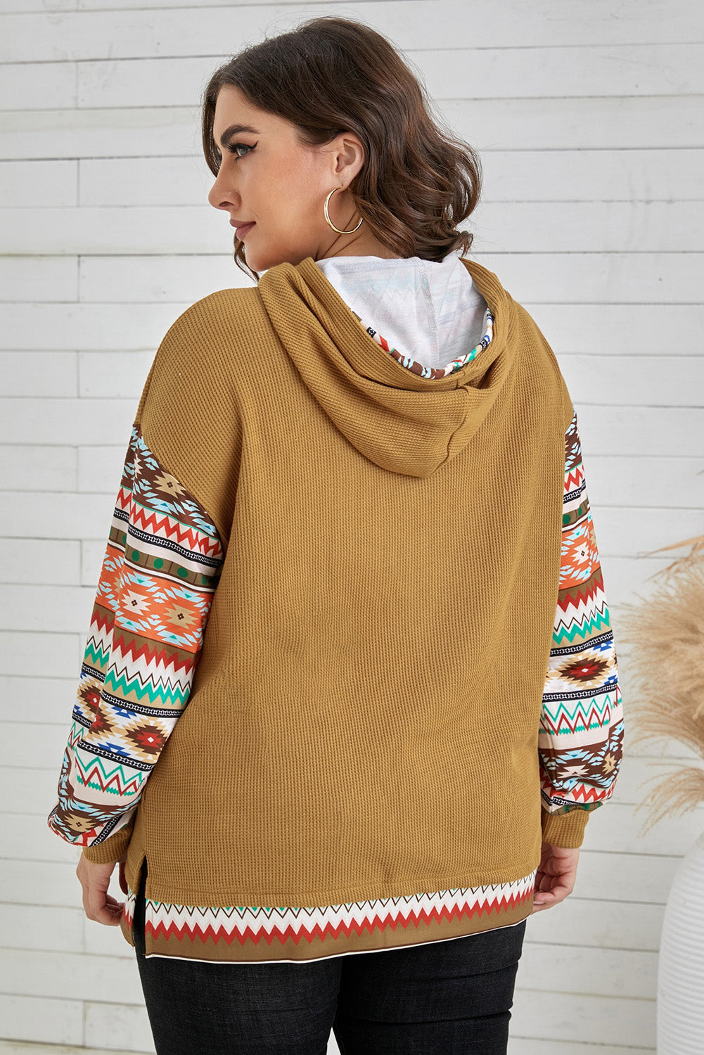 Texture Aztec Accent Plus Size Hoodie | Khaki