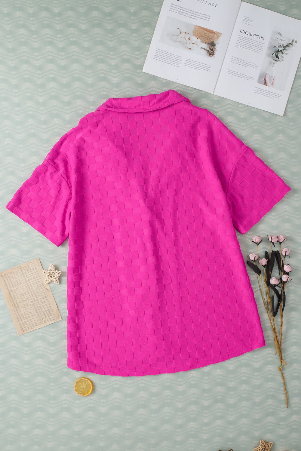 Lapel Neck Checkered Textured Short Sleeve Shirt | Bright Pink