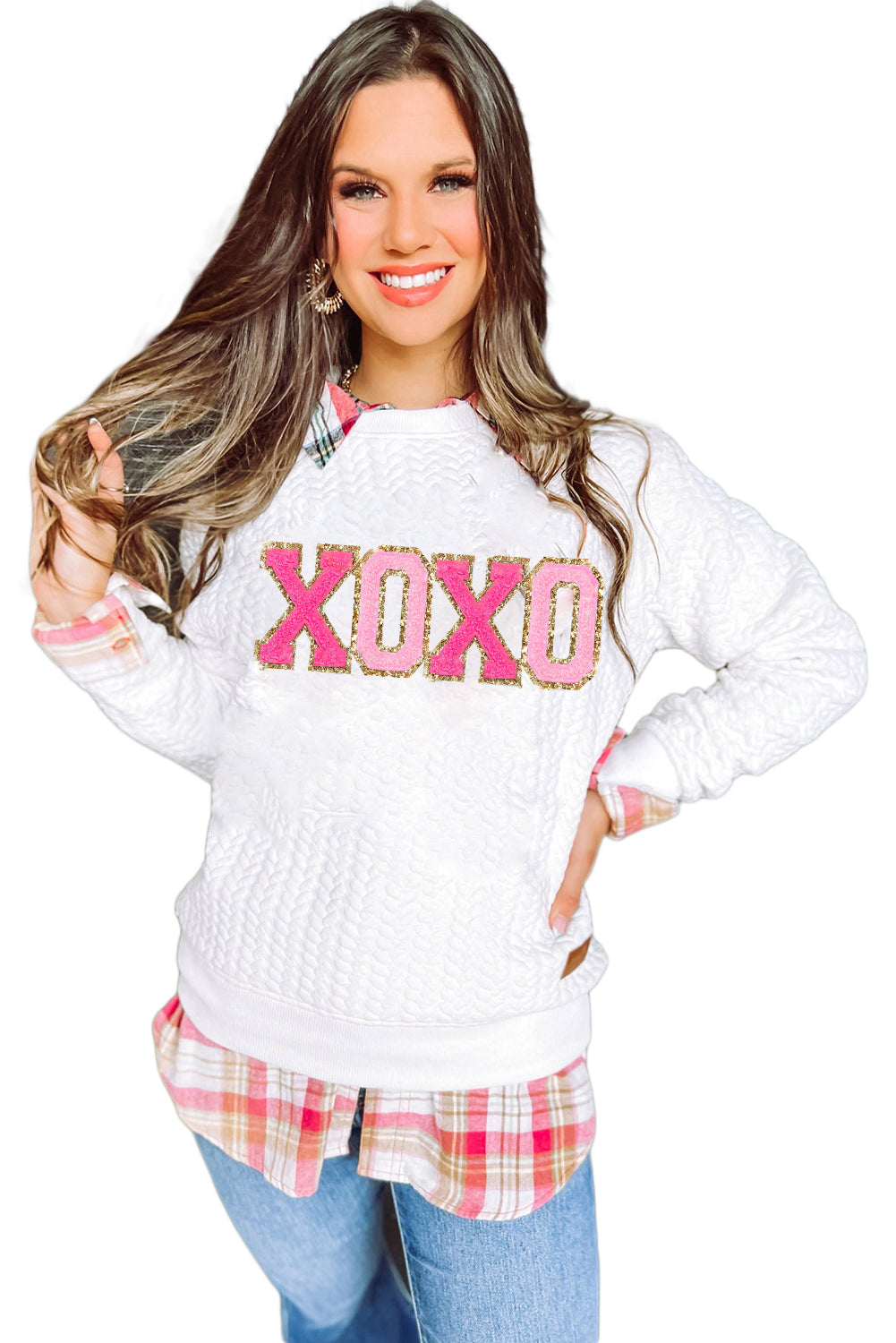 Xoxo Glitter Chenille Cable Knit Pullover Sweatshirt | White