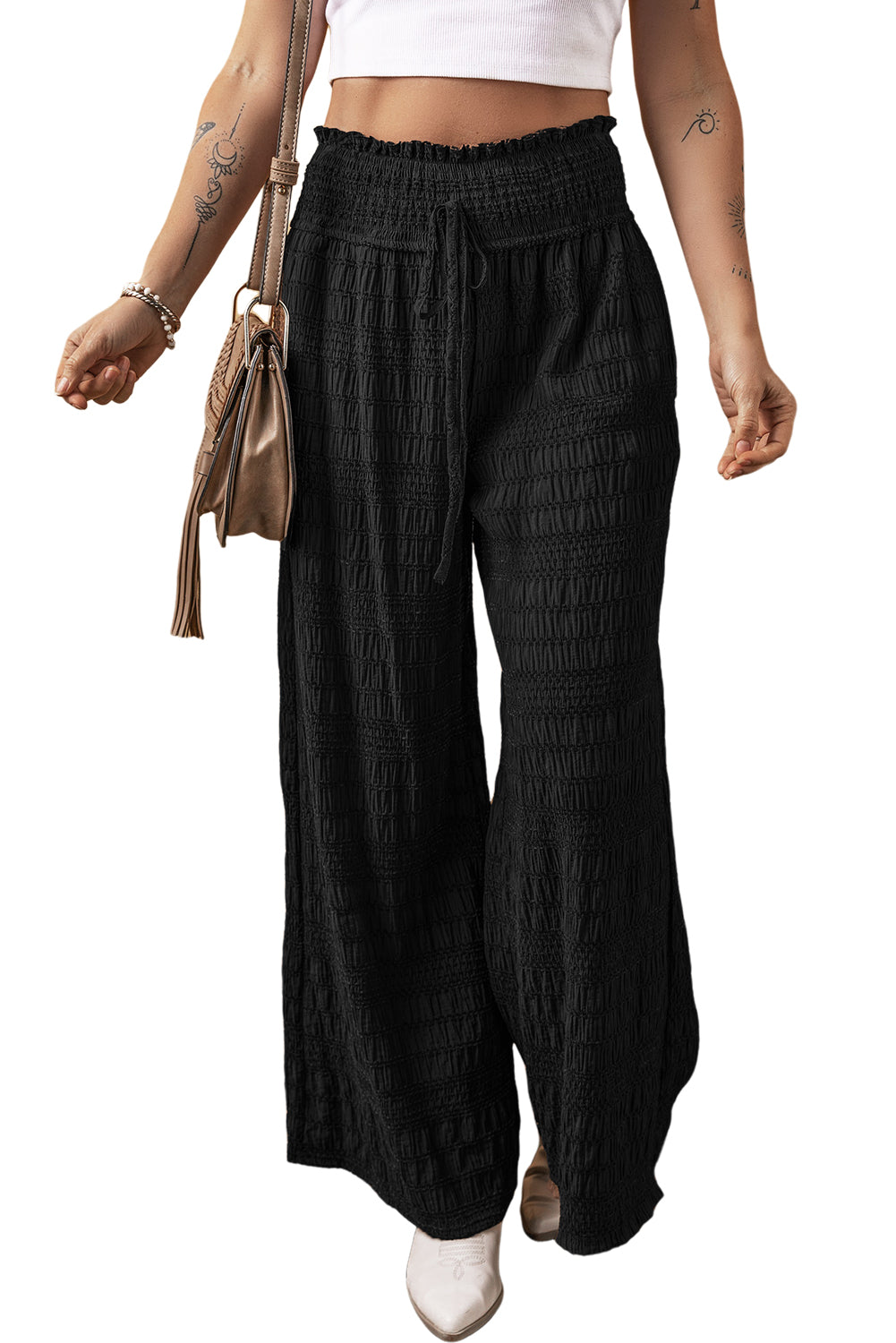 Textured Wide Smocked Waist Loose Pants | Black