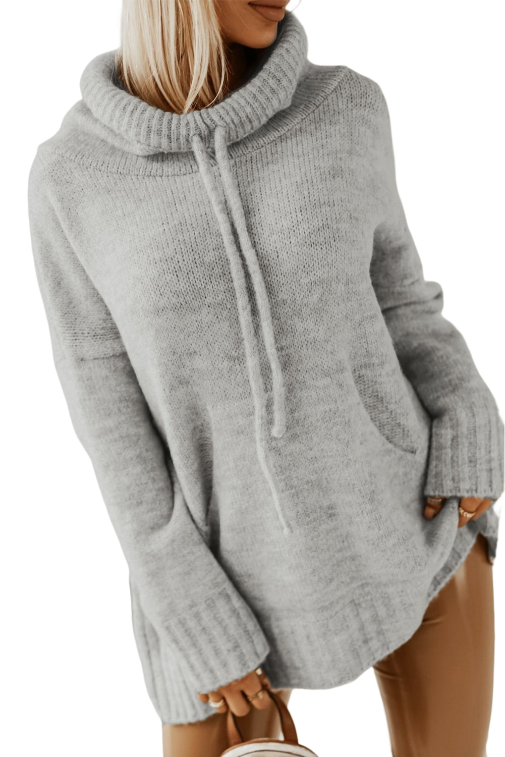 Cowl Neck Drawstring Pullover Hooded Sweater | Gray