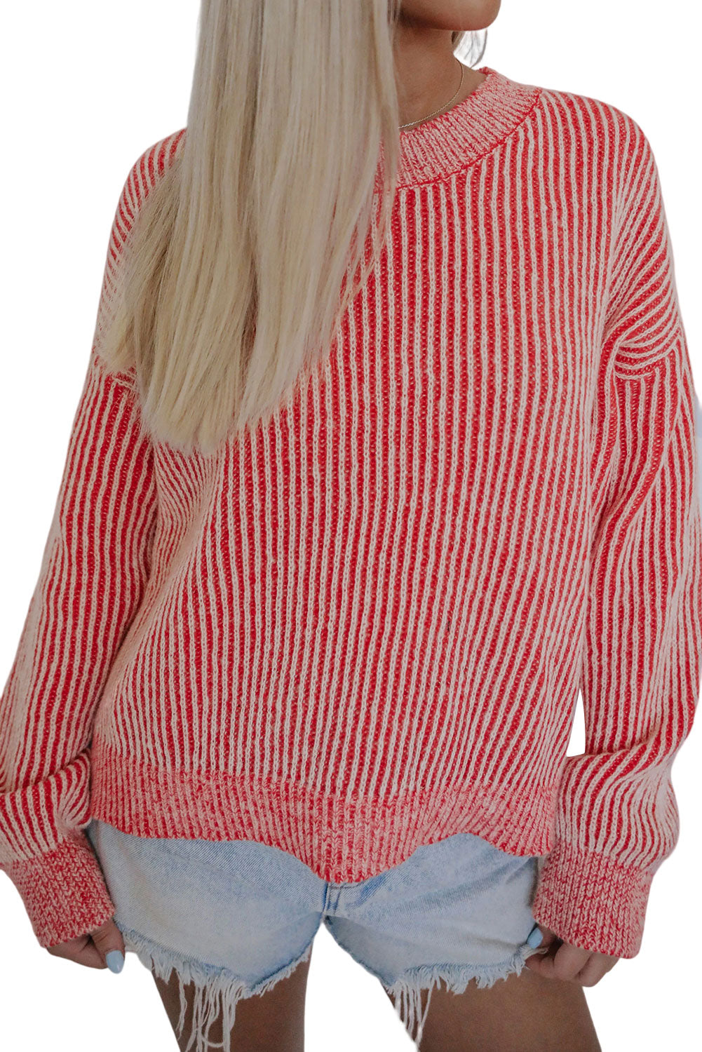 Striped Print Ribbed Trim Round Neck Sweater | Red