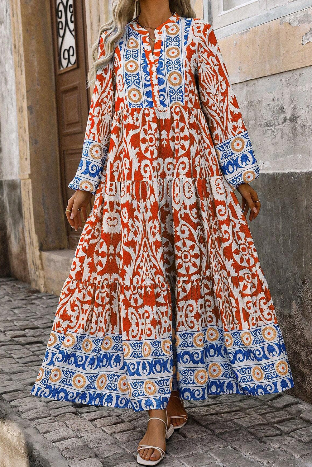 Boho Geometric Printed Long Sleeve Maxi Dress | Orange