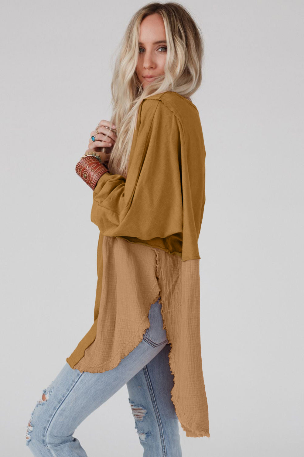 Crinkle Splicing Raw Hem High Low Oversized Blouse | Camel