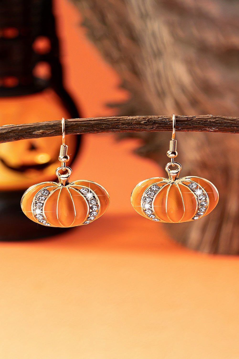 Orange Halloween Rhinestone Pumpkin Hook Earrings