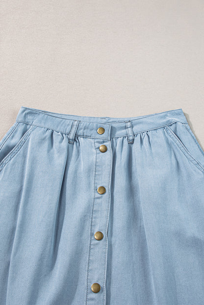 Fully Buttoned Long Denim Skirt | Mist Blue