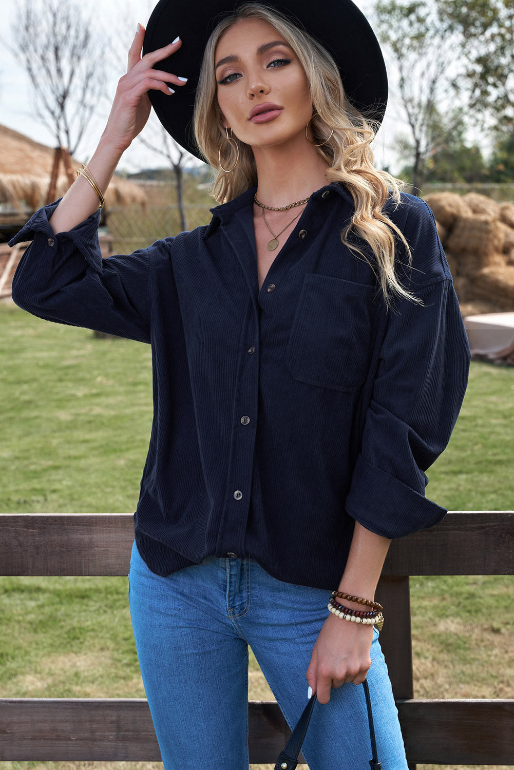 Dark  Corduroy Button Pocket Shirt | Blue