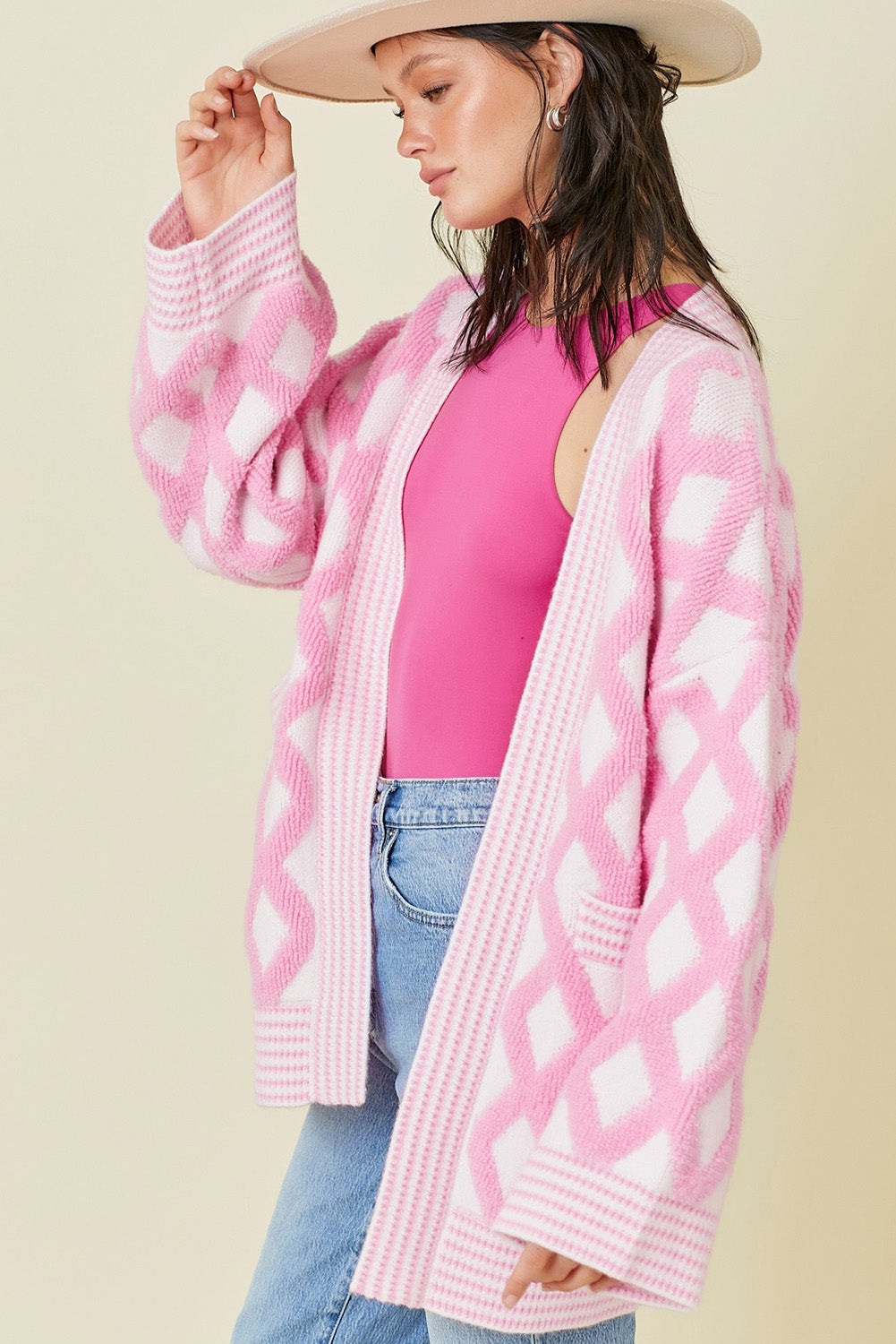 Rhombus Pattern Knit Open Front Pocketed Cardigans | Pink