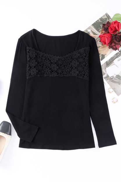 Lace Crochet V Neck Long Sleeve Top | Black