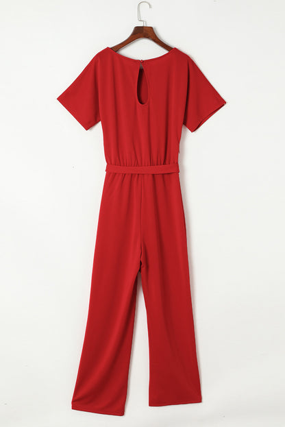 Fiery  Belted Wide Leg Jumpsuit | Red