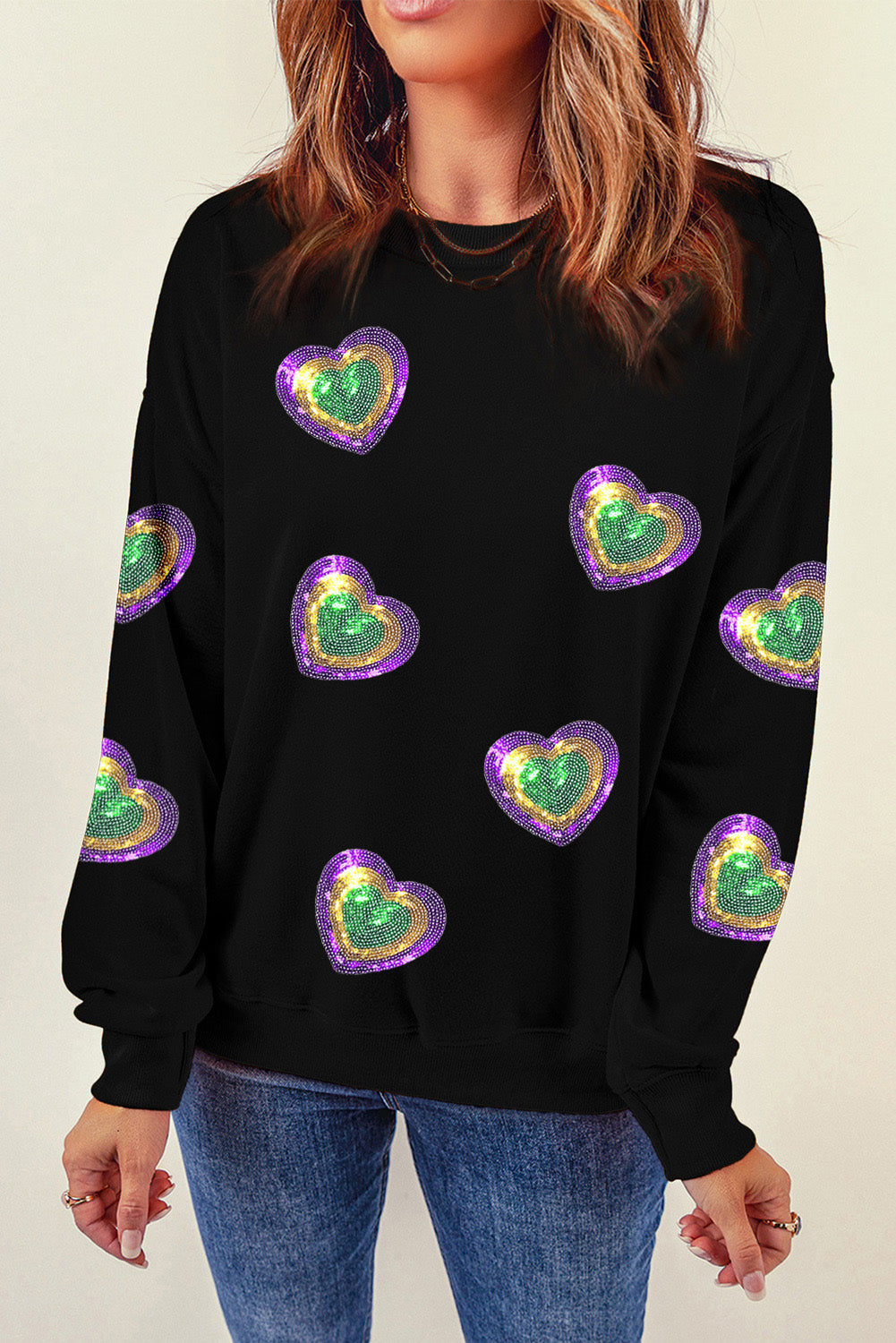 Mardi Gras Heart Print Crew Neck Sweatshirt | Black