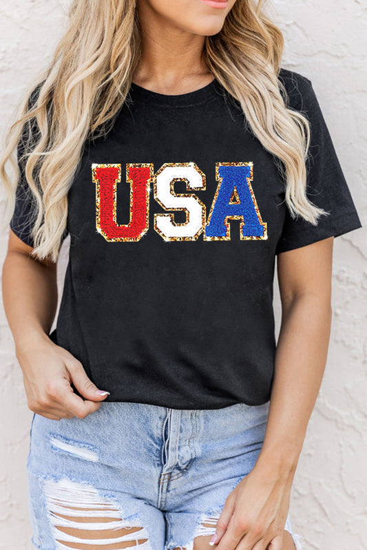 Black Glitter Trim Chenille USA Graphic T Shirt