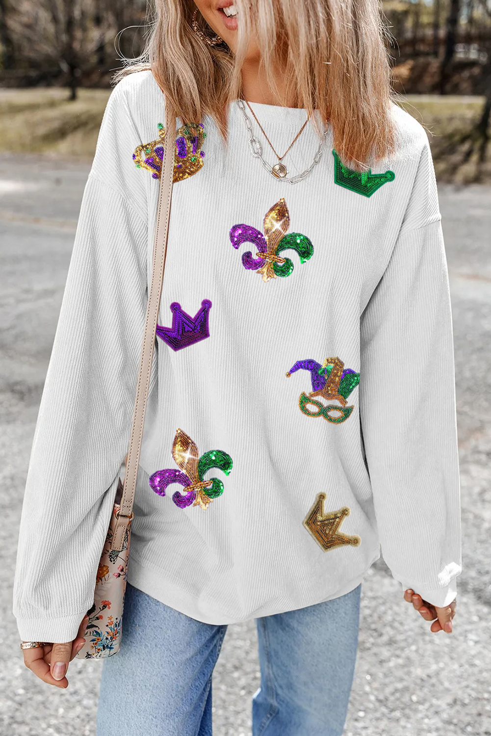 Sequin Mardi Gras Symbol Crown Mask Patched Corded Sweatshirt | White